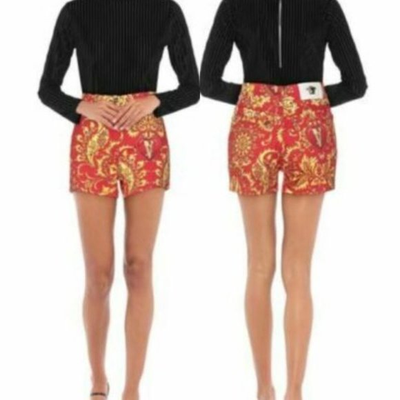 Versace Pants - VERSACE Red Gold Denim Baroco Medusa Shorts 26/4